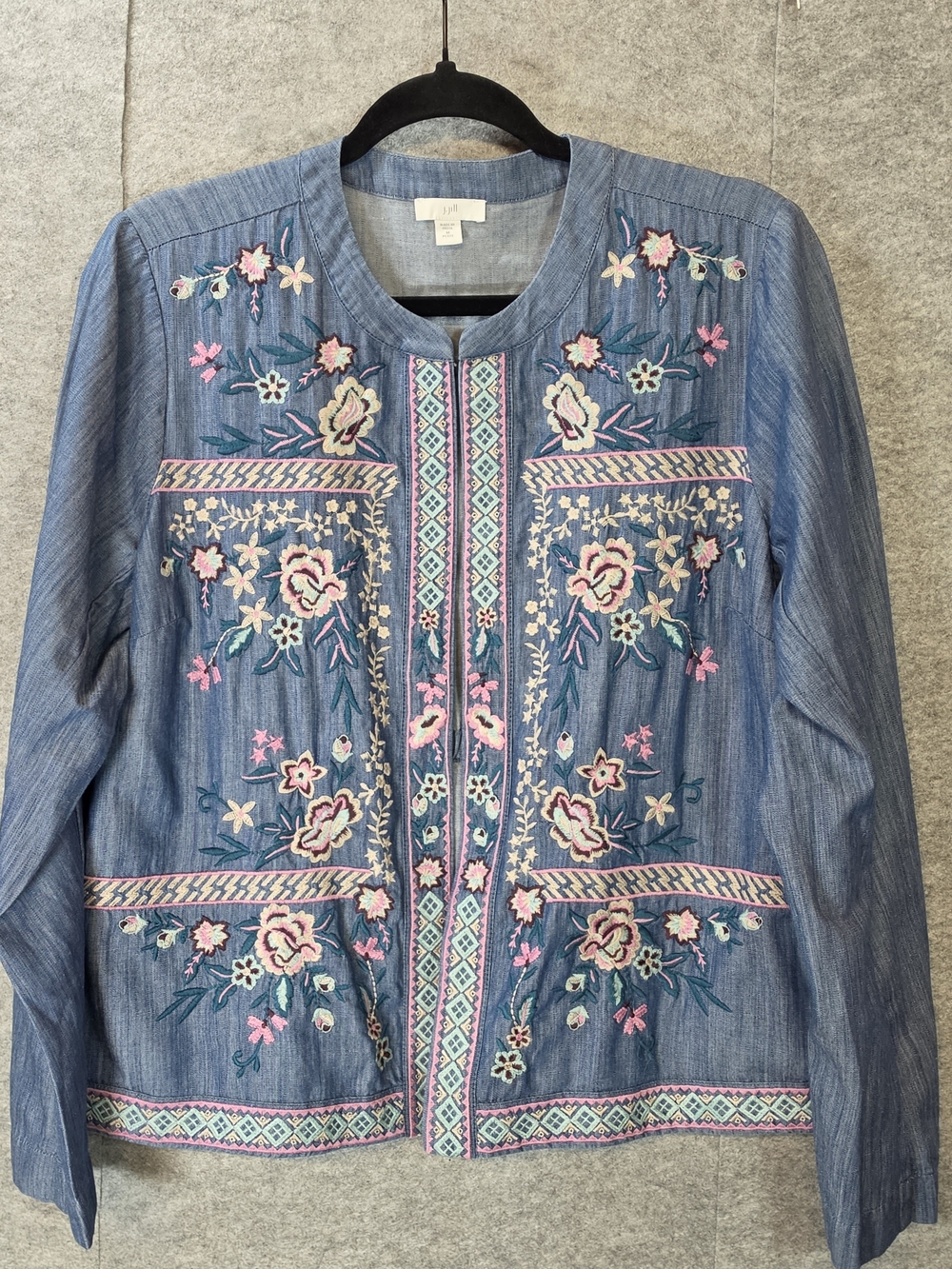 J. Jill Embroidered Open-Front Chambray Jacket